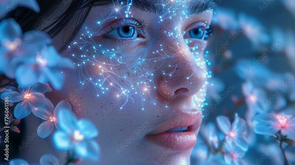 Poster AI learns the world. Artificial intelligence integrated into humanoids. Artificial robot with robotic arm. Cyborg woman. Computer neural network learning. Artificial intelligence with electronic