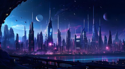 Futuristic city at night. Futuristic city panorama. - obrazy, fototapety, plakaty