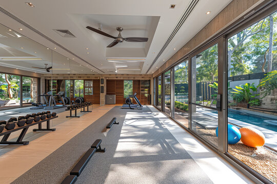 A photo of the interior gym at an Australian luxury home, with fitness equipment and mirrors on one side, overlooking large windows leading onto beautiful landscaping outside. Created with Ai