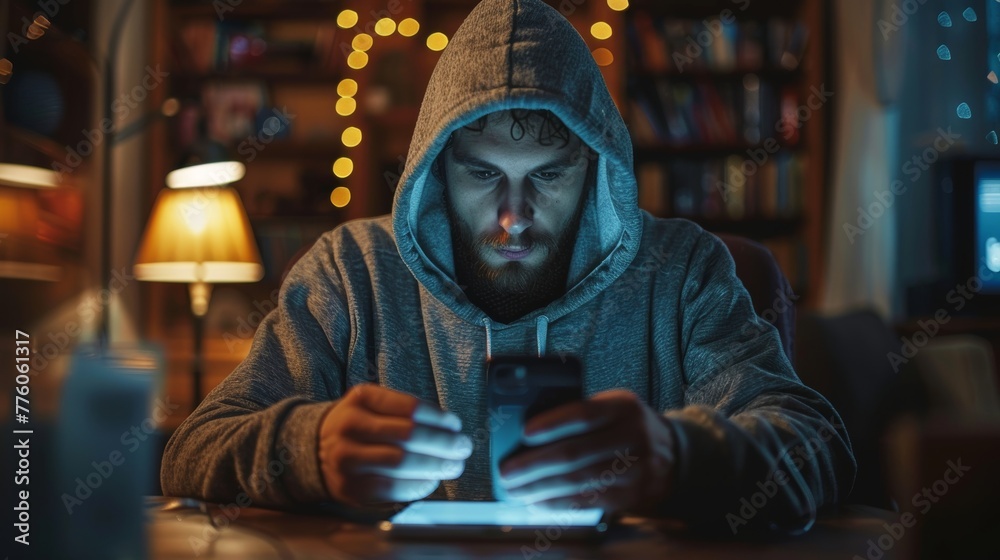 Poster Computer criminal using malware on mobile phone to hack devices. Hacker in dark hoodie in neon-lit room using computer.