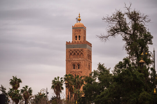 Koutoubia Minaret, Marrakech, Morrocco, against a rare cloudy sky in north Africa