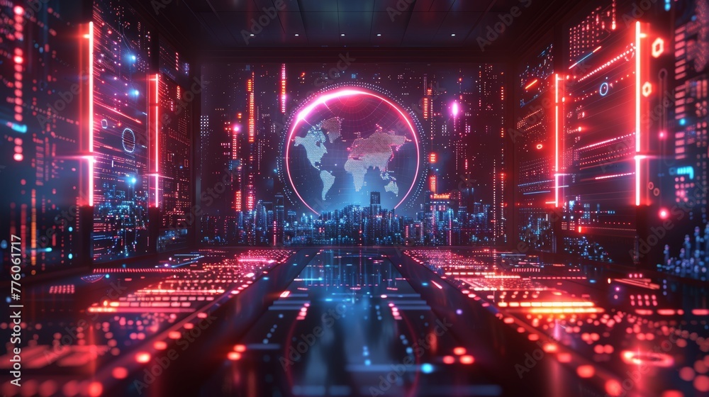Poster Abstract background for digital technology. Geometric figures in digital space. Future fintech concept of analysis datum. Business tech dark background with neon lines, cube, circle chart over glass