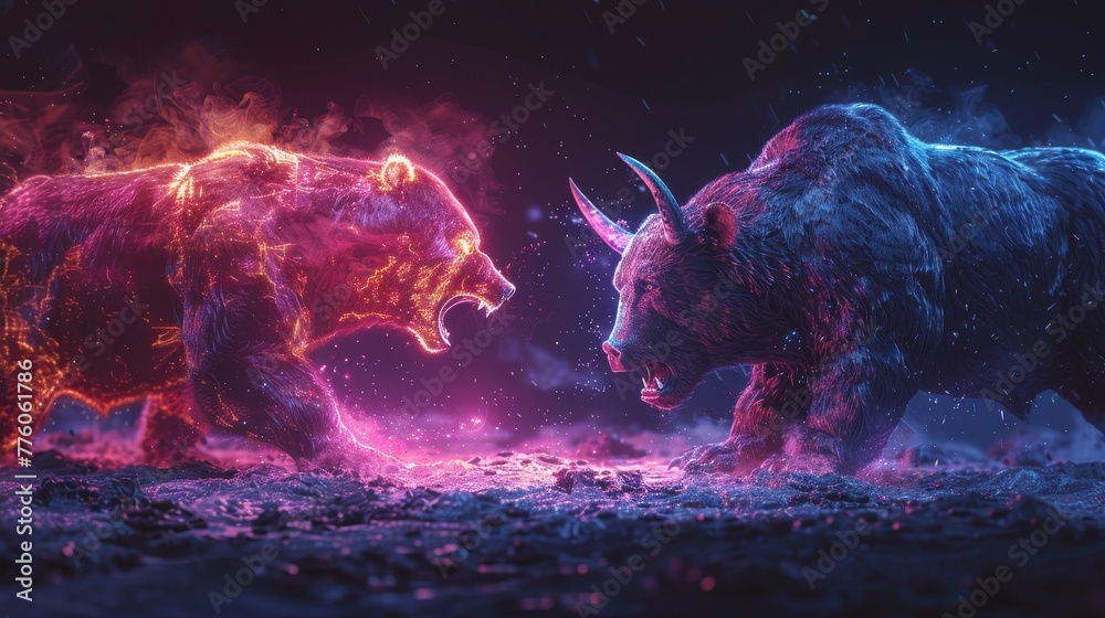 Poster bears vs bulls on swords in the form of japanese candles. trading strategies on the securities excha