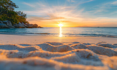 A beautiful sunset with white sand beach and clean water. Holiday summer beach background. - 776061782