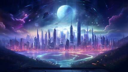 Futuristic city with neon lights and full moon. 3d rendering