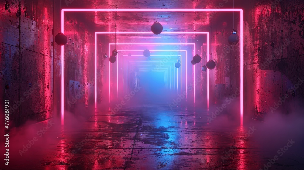 Poster The background of the object consists of a red and blue neon lamp in a dark cyberspace scene with hanging spheres. Abstract square borders or frames in a modern technology style.