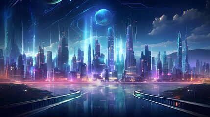 Futuristic city and road at night with neon lights. Futuristic cityscape. 3D rendering
