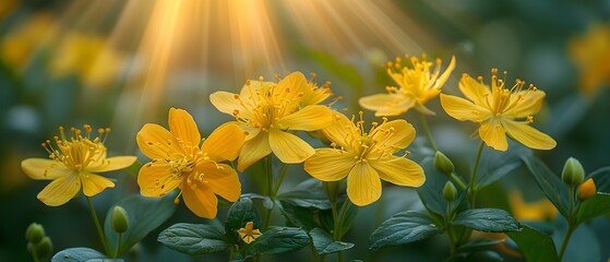 Closeup of St Johns Wort flowers with sunlight creating a beam effect showcasing their delicate beauty. Concept Nature Photography, Sunlight Effects, Closeup Shots, Flower Portraits, St Johns Wort - obrazy, fototapety, plakaty