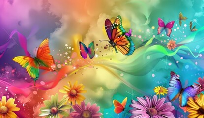 Fototapeta na wymiar Digital illustration featuring a vibrant rainbow-colored backdrop embellished with butterflies and flowers