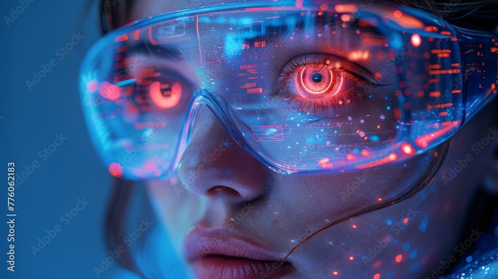 Fototapete Floating female robot in zero gravity with AI in a virtual cyberspace, amid data charts and diagrams. Neural networks learning concept.