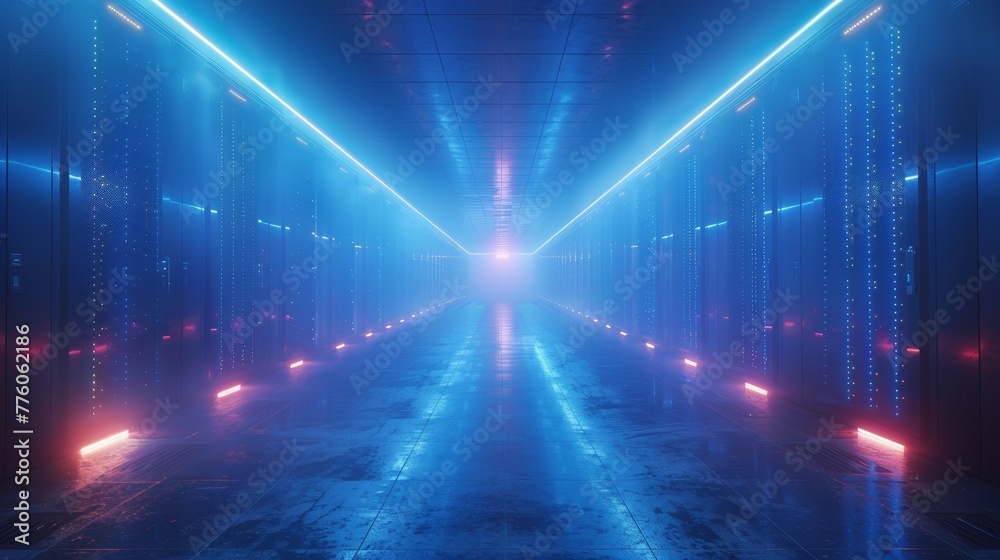 Poster concept of a cloud storage facility, with abstract design interior. atmosphere with digital equipmen