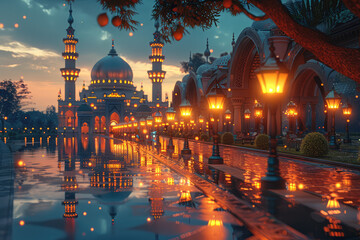 An enchanting mosque with lanterns glowing in the twilight, reflecting on rain-soaked streets and surrounded by lush greenery. Created with Ai - obrazy, fototapety, plakaty