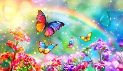 Colorful rainbow background adorned with butterflies and flowers, creating a whimsical and enchanting scene.
