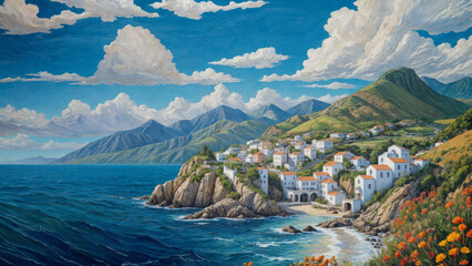 A coastal village perched on rocky cliffs overlooking the calm and endless sea, cute white houses with tiled roofs surrounded by lush greenery and majestic mountains - obrazy, fototapety, plakaty