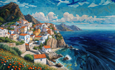 A tranquil coastal village built into the mountains, with cozy houses overlooking the deep blue sea, surrounded by vibrant flora under a vast, expressive sky