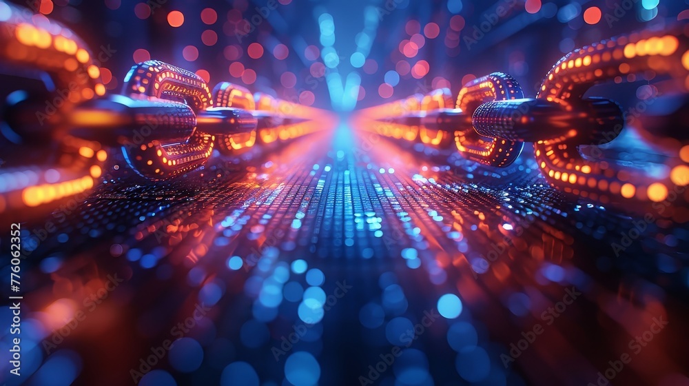 Poster The block chain technology concept banner includes mining, exchange, and peer-to-peer arbitration of cryptocurrency. A digital cube contains digital financial data. A fintech abstract background.