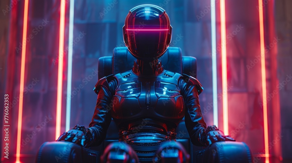 Poster image of cyborg queen in neon glow. robot woman majestically seated on throne. sci-fi illustration o