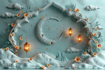 3D wallpaper, Ramadan Kareem theme with lanterns and crescent moon in the sky. Created with Ai