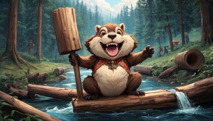 Animated beaver character gleefully navigating a log raft on a river through a lush forest, exuding a sense of adventure and fun - obrazy, fototapety, plakaty