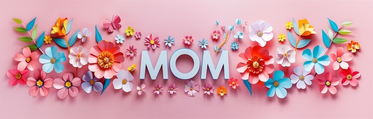 sign "mom" with paper flowers and butterflies  around