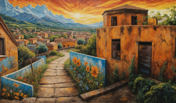 An old village bathed in the golden light of sunset, rustic houses decorated with vibrant flowers set amidst lush greenery and majestic mountains