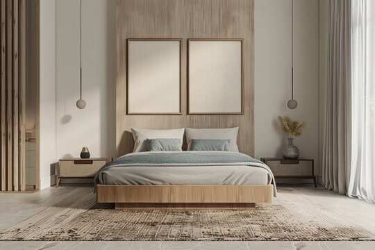 Mockup of blank frame in modern minimalistic bedroom interior with wooden furniture, window and carpet, soft colors, AI generated image