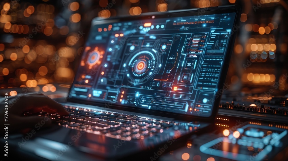 Poster Technology web development webinar concept with laptop containing educational material and programming interfaces. Online tutorial of programming of artificial intelligence.