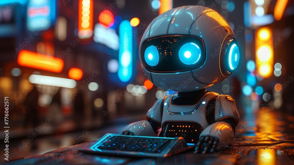 Poster Robots for kids, coding on laptop, programming electronic constructor. School for tech education, engineering, science.