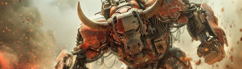 Minotaur with a biomechanical labyrinth armor, merging ancient myth with biomechanics, formidable and intricate , sci-fi tone, technology - obrazy, fototapety, plakaty