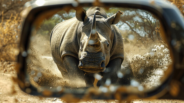 view from a car's rearview mirror. The mirror reflects an image of a giant rhinoceros chasing the car.generative ai