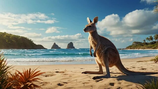 Cute kangaroo on the beach, ocean shore