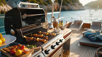 A grill set up on a boat showcasing the possibility of grilling in various adventurous locations - obrazy, fototapety, plakaty