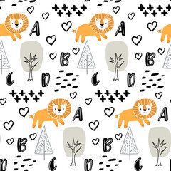 Vector seamless pattern with tree,lion,alphabet.Tropical jungle cartoon creatures.Pastel animals background.Cute natural pattern for fabric, childrens clothing,textiles,wrapping paper.