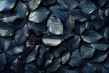 Black leaves background. Top view of black leafs on dark grey wall. Abstract nature wallpaper. Created with Ai - obrazy, fototapety, plakaty