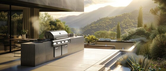 A modern electric grill on a sleek patio showcasing the fusion of technology with traditional cooking methods - obrazy, fototapety, plakaty