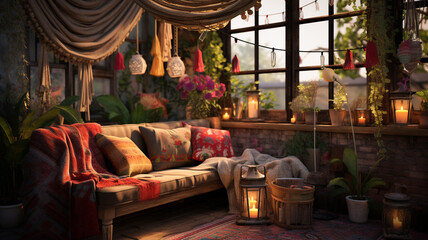living room in a Bohemian eclectic style, featuring furniture adorned with colorful patterned fabrics and surrounded by floor cushions - obrazy, fototapety, plakaty