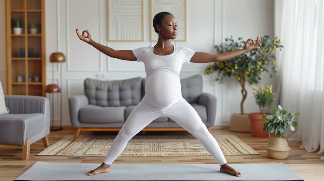 Young adult pregnant black woman practicing yoga at home on mat, African American girl doing pose in modern living room, home workout, AI generated image