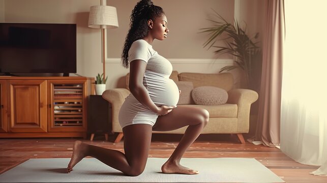 Young adult pregnant black woman practicing yoga at home on mat, African American girl doing pose in modern living room, home workout, AI generated image