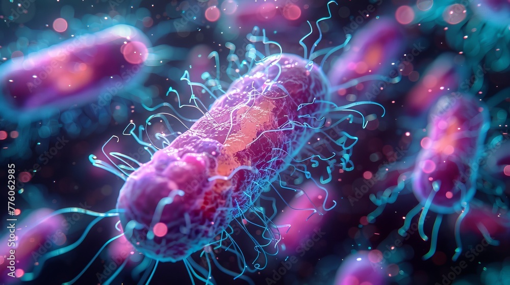 Aufkleber Bacteria cell in microscope with medical tech interface. Analysis DNA of biology cell using computer diagnostics. Bacteria cell macro view on biology lab computer.