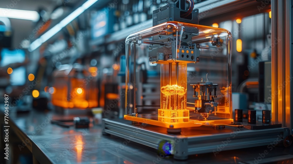Poster 3d printer on engineer's desk. 3d printing, prototyping parts in industry. 3d printer with orange gl