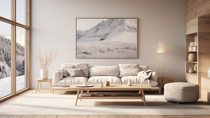 minimalist living room featuring a light grey modern sofa, a white oak table, natural light, Minimalist artwork the walls.