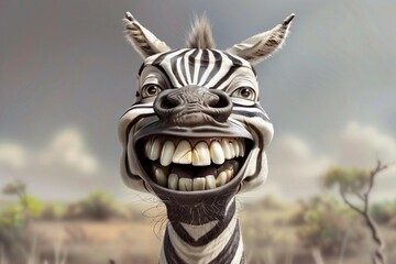 An illustration with a funny caricature of a large toothy zebra with a wide sweet smile in a savannah on a gray background - obrazy, fototapety, plakaty