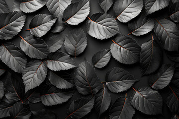  A black background with dark gray leaves arranged in an abstract pattern, creating a textured and visually striking composition. Created with Ai - obrazy, fototapety, plakaty