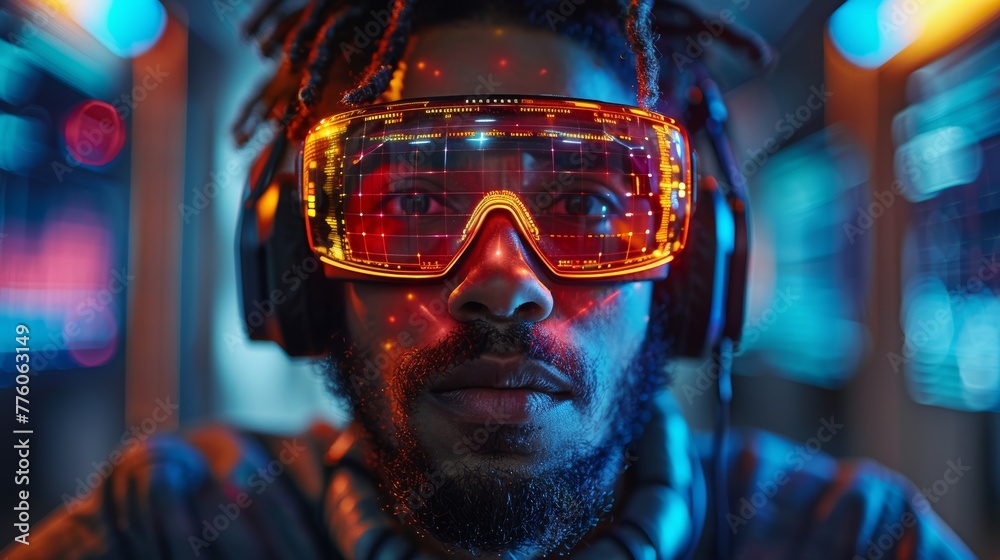 Poster A programmer in a headset coding program text in a VR interface. Software developer in a programming environment. Computer code in a programming environment. Future computer technology concept. Man