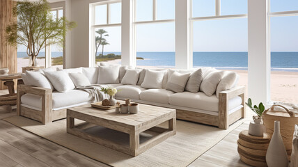 living room designed as a coastal retreat, showcasing white wicker furniture complemented by light blue accents for a calm and beachy vibe.