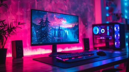 Stylish gaming PC on desktop screen. Monitor on table in gamer room with neon light. Gamer rig on computer desk. Online video game interface on screen.