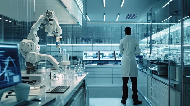 modern high-tech laboratory, people and robotic assistants work with chemical reagents, a robotic arm manipulator helps a scientist in research, medical development, robotics, AI generated - Powered by Adobe