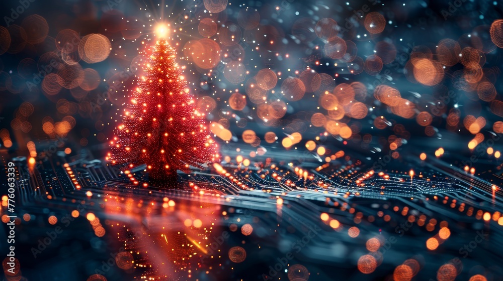 Aufkleber new year and happy christmas cards in the style of the 2024 year on a printed circuit board. snowfal