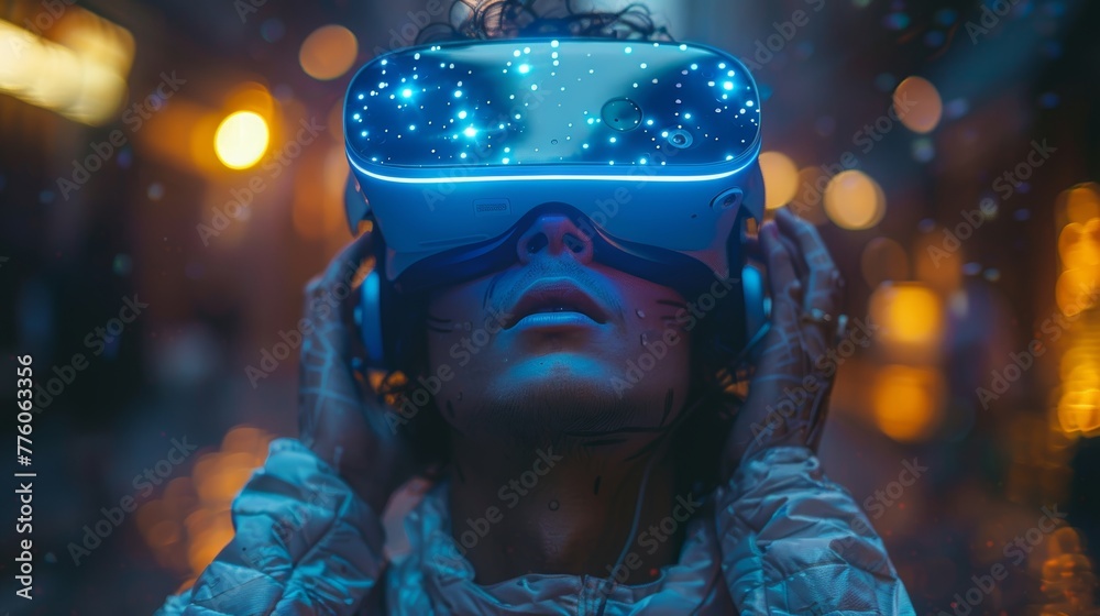 Poster virtual reality gamer in cyberspace holding virtual reality headset glasses. man looks up, holding c