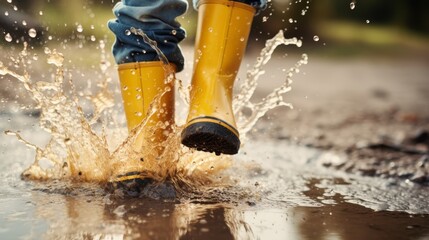 Wearing rubber boots and splashing water on puddle